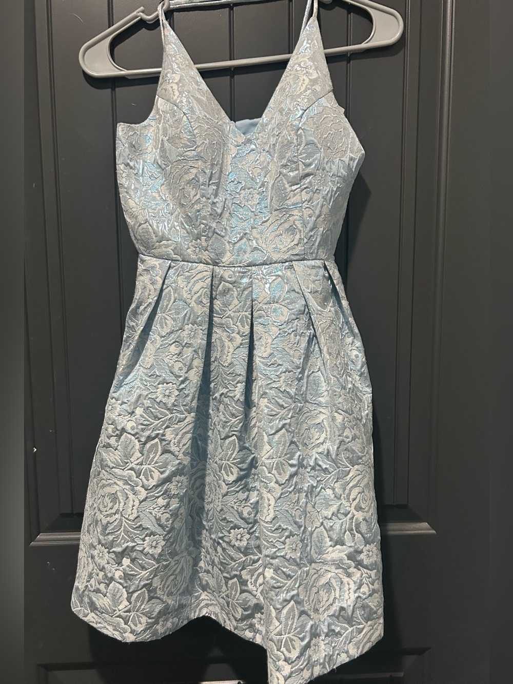 Light Blue Floral Jacquard Womens Dress - V-Neck Spaghetti Straps
